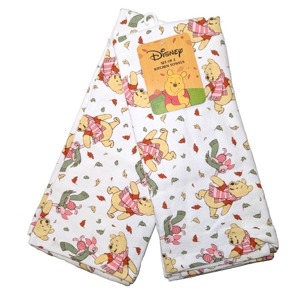 Disney Winnie The Pooh and Piglet Kitchen Towels Autumn Leaves 2-pc Holiday NEW